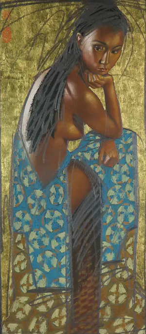 Nico Vrielink - Gemengde techniek op papier, Dame in blauwe jurk - Ingelijst (Groot!) kopen? Bied vanaf 400!