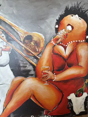 Theo Broeren - Glicée met Acryl op doek “ Muziek spelen “ (ZEER GROOT) kopen? Bied vanaf 145!