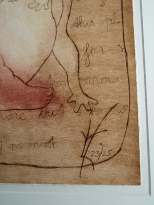 Ludy van Huffel - Ets, droge naald en aquatint , “Vrouw met kikkers” – 75 x 60 cm kopen? Bied vanaf 35!