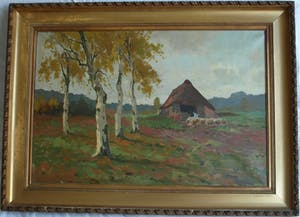 Andries Verleur - Groot olieverfschilderij, Landschap met schaapskooi – ingelijst – 1917 kopen? Bied vanaf 1!