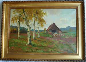 Andries Verleur - Groot olieverfschilderij, Landschap met schaapskooi – ingelijst – 1917 verkocht voor € 1!
