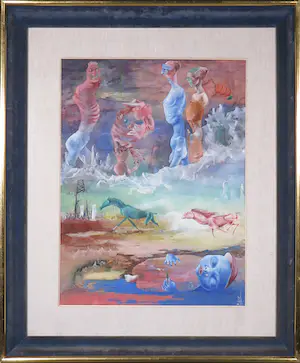 Melle Oldeboerrigter - Gouache, Landschap met paarden - Ingelijst kopen? Bied vanaf 1500!