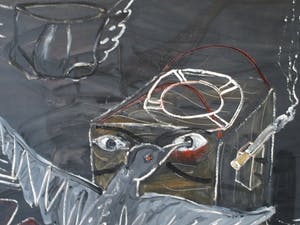 Hannes van Es - Zeer groot ingelijst schilderij (162 x 130 cm), “Zwarte vogel” – 1984 kopen? Bied vanaf 300!