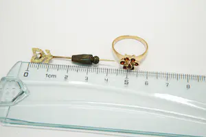 21- Klassieke 14 karaats gouden rozet ring + 14 krt gouden speld met diamantje kopen? Bied vanaf 120!