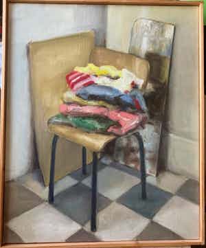 Niet of onleesbaar gesigneerd - Stilleven van stoel met kleren verkocht voor € 10!