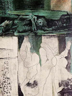 Ru van Rossem - G.I.N. Gallery 1982 - grote kleuren-Ets "TOMBE" - potloodgesigneerd kaufen? Bieten Sie von 45!
