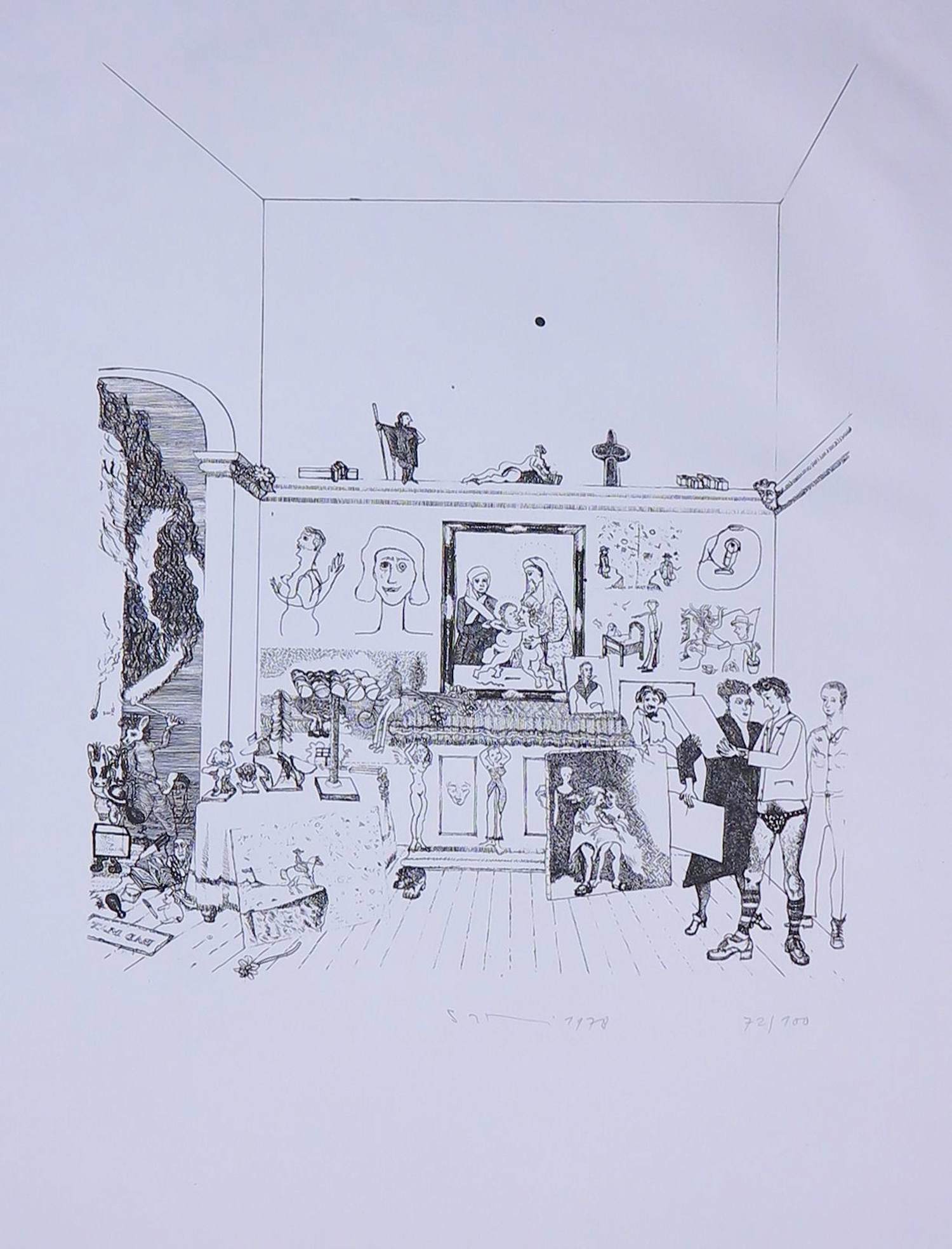 Sipke Huismans - Litho, Zonder titel (Figuren in interieur met kunst) verkocht voor € 35!