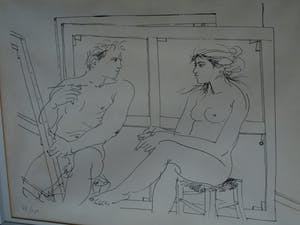 Niet of onleesbaar gesigneerd - Litho , “Naakte kunstenaar met naakt model“ – gesigneerd & ingelijst – nr 69/150 kopen? Bied vanaf 1!