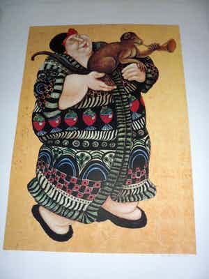 Ada Breedveld - Zeefdruk. z.t. (Dame in kimono met aap) verkocht voor € 30!