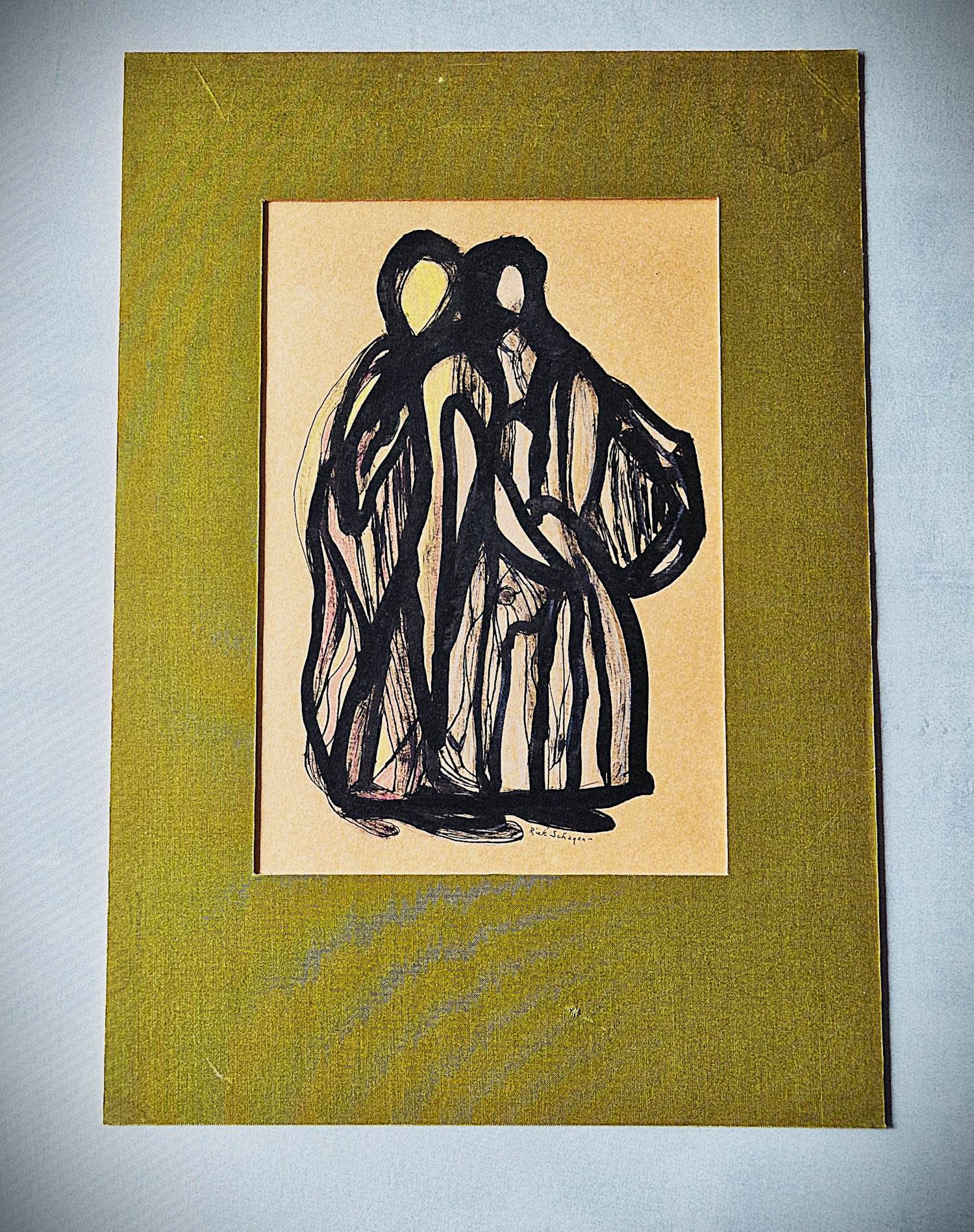 Riek Schagen - Gemengde techniek op papier– "2 vrouwen" - gesigneerd - in passe partout kopen? Bied vanaf 36!