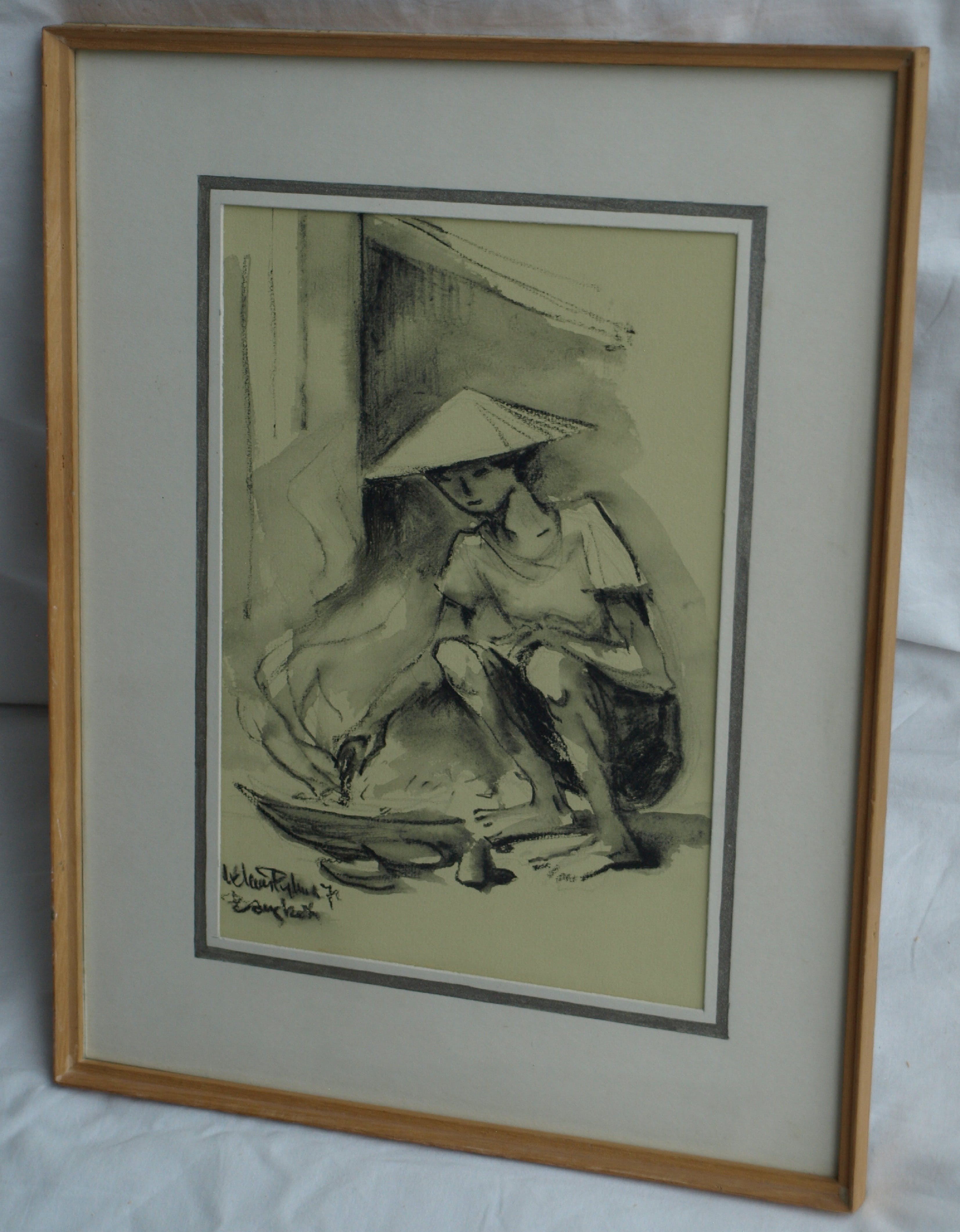 Klaas Pijlman - Contékrijt en inkt , Bangkok - gesigneerd & ingelijst – 1972 kopen? Bied vanaf 35!