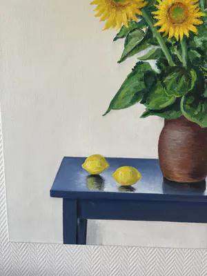 Thijs Overmans - Zonnebloemen en citroenen op houten tafel kopen? Bied vanaf 20!