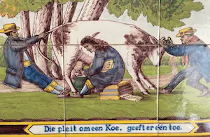 Koninklijke Tichelaar Makkum - Tegeltableau met advocatenvoorstelling, ca. 1900 kopen? Bied vanaf 65!