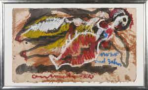 Anton Heyboer - Gemengde techniek op papier, Vrouw met zalm - Ingelijst verkocht voor € 300!