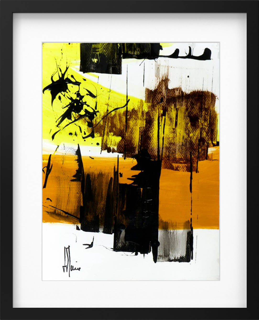 Buy Jean-Jacques Marie - Abstraction jaune, noir et brou de noix encadrée? Bid from 90!