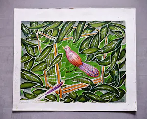 Hans van Dokkum - Fraaie handgekleurde Linosnede "tropische vogel" - zeer kleine oplage (9) kopen? Bied vanaf 36!