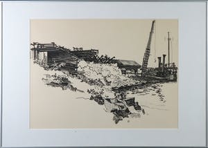 Rinus van der Neut - Inkttekening, Opslagwerf Werkendam - Ingelijst kopen? Bied vanaf 50!