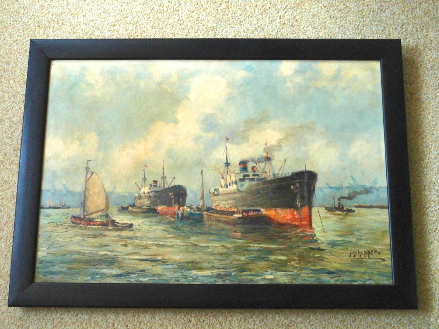 Jan Schipper - Olieverfschilderij - Havengezicht verkocht voor € 125!