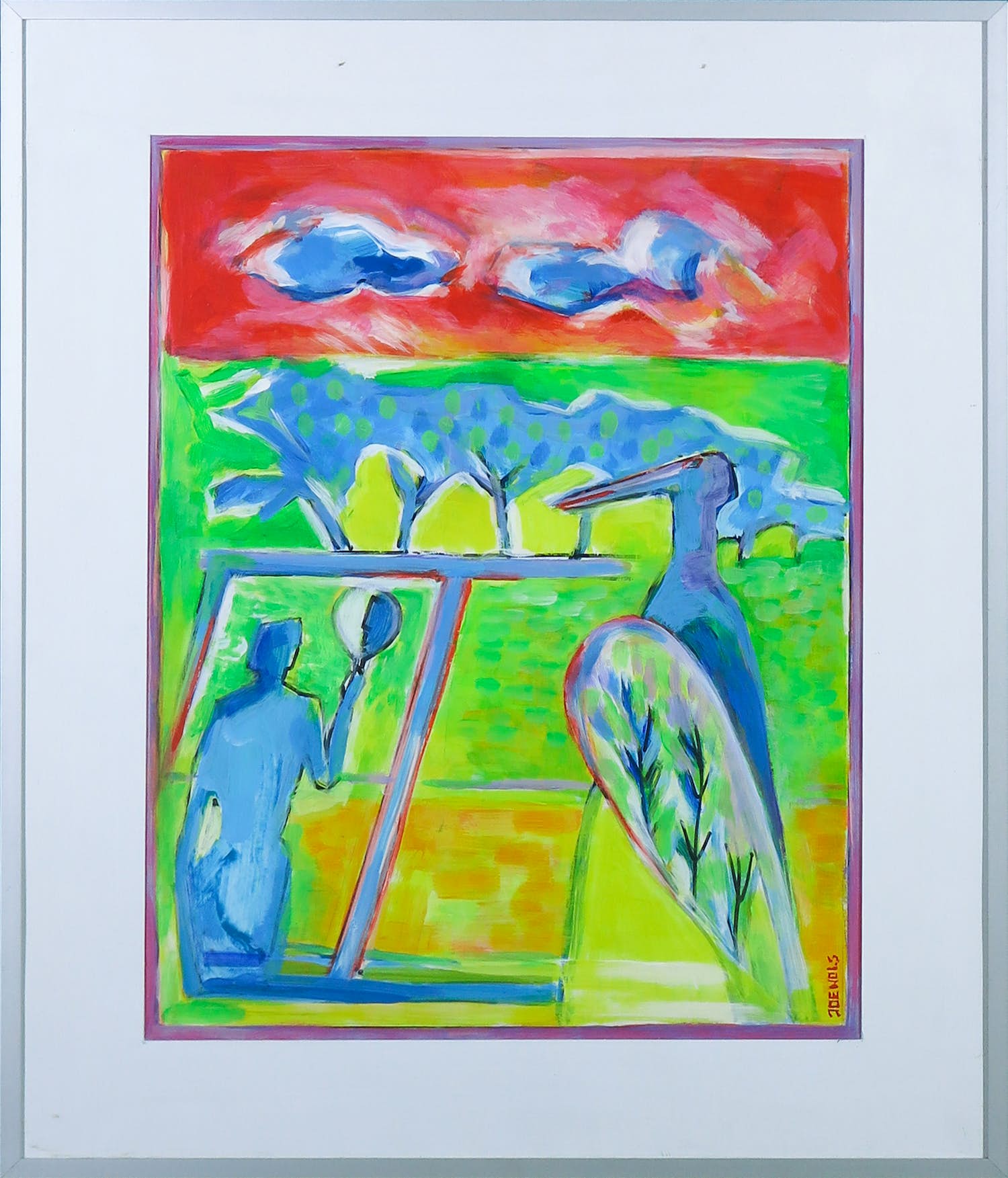 Joe Wols - Olieverf op papier, Figuur en vogel - Ingelijst kopen? Bied vanaf 1!