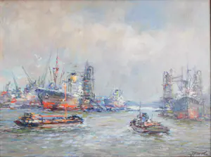 Joop Molenaar - Een havengezicht met schepen kopen? Bied vanaf 220!