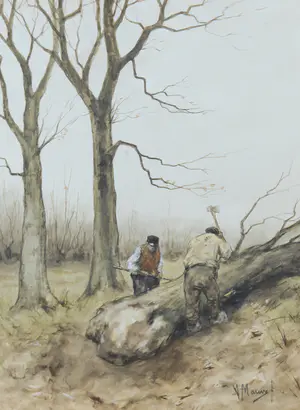 Anton Mauve (sr.) - Aquarel en gouache, Twee houthakkers - Ingelijst kopen? Bied vanaf 2660!