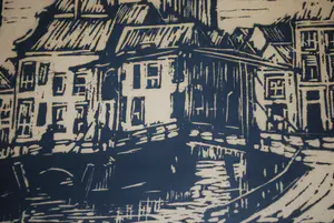 Abraham van der Zee - zeldzame houtsnede van de Korte Havenbrug te Schiedam - kopen? Bied vanaf 50!