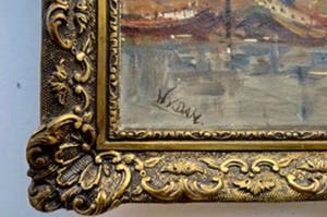 Niet of onleesbaar gesigneerd - Stadsgezicht Singel A'dam met bootjes en Lutherse kerk - Gesigneerd: W. van Dam kopen? Bied vanaf 10!