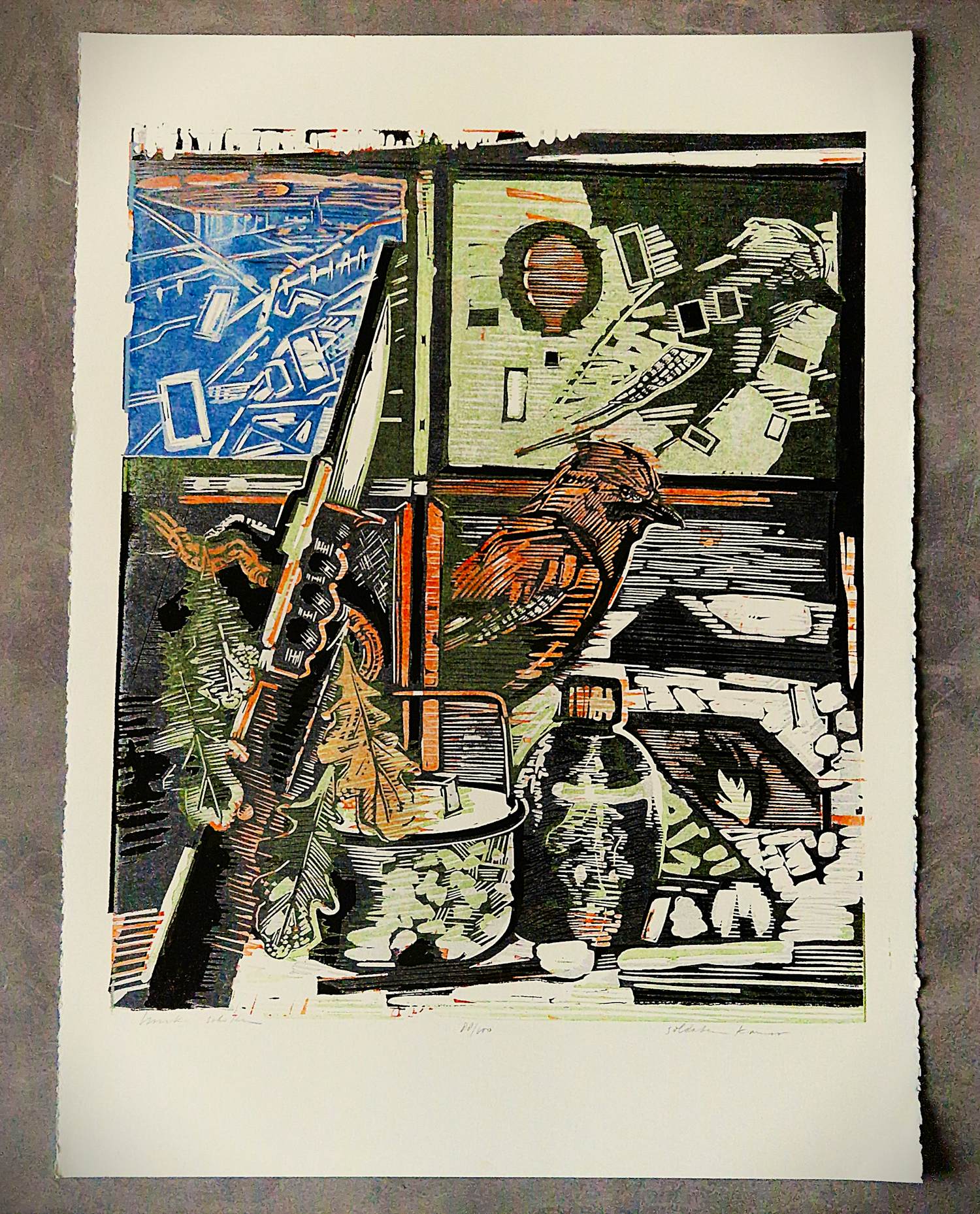 Luuk Scholten - Grote jaren 80 kleuren Linosnede "soldatenkamer" - oplage (100) - potloodges. kopen? Bied vanaf 49!