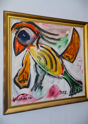 AcheterNiet of onleesbaar gesigneerd - GROOT Acrylverf op doek "Spotvogel" zeer fraai ingelijst - gesigneerd? Enchérissez de 1!
