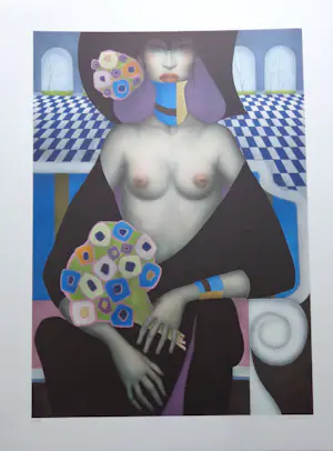 Jef van Tuerenhout - HALFNAAKTE VROUW / KLEURZEEFDRUK / 80x60cm / SIG kopen? Bied vanaf 90!