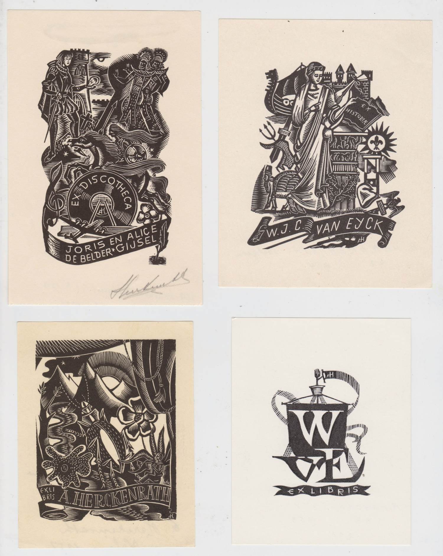Antoon Herckenrath - Vier houtsnedes: Ex Discotheca, Ex Historie, WVE, Landschap kopen? Bied vanaf 25!