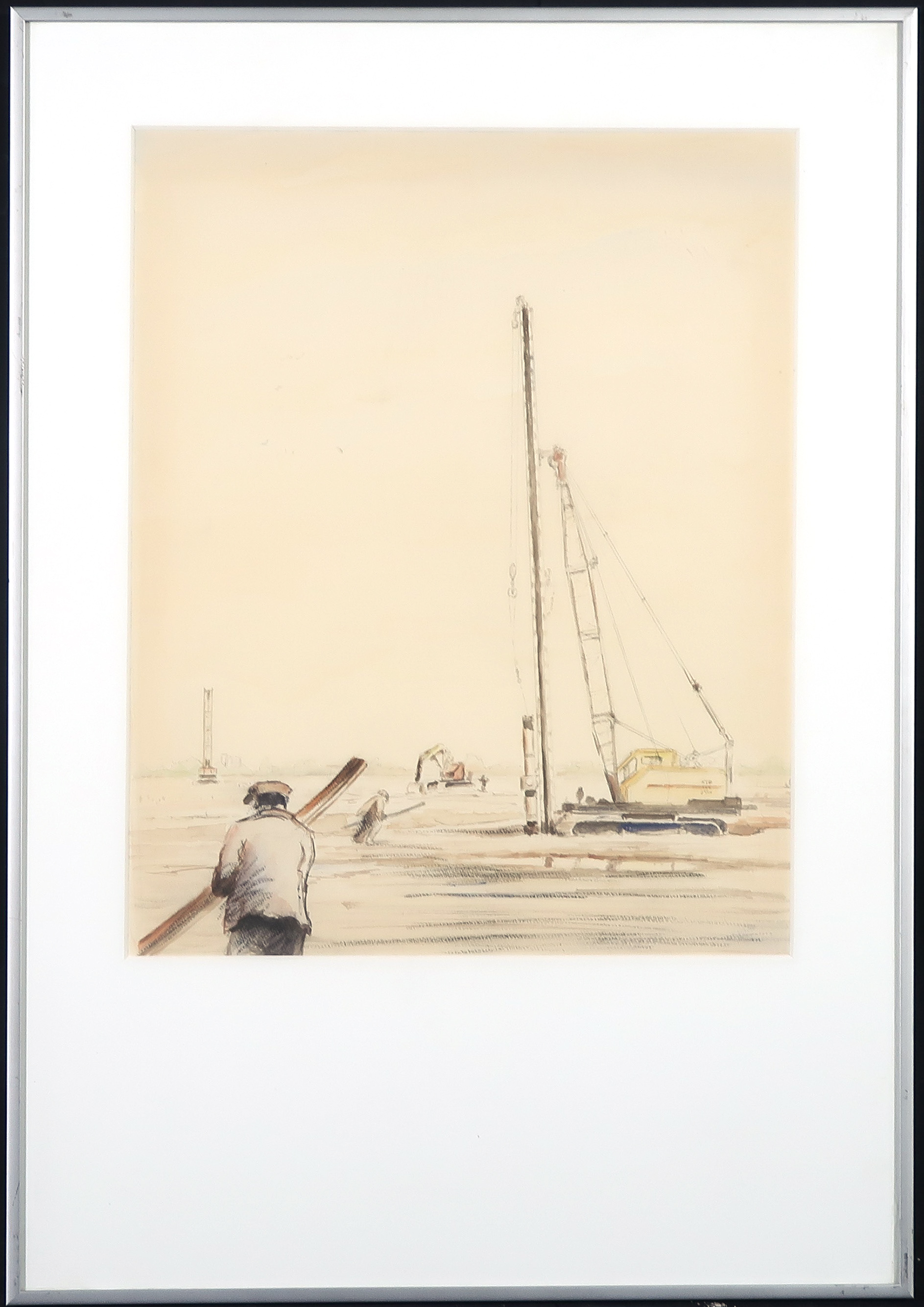 Niet of onleesbaar gesigneerd - Aquarel, krijt en potlood, Bouwkraan - Ingelijst kopen? Bied vanaf 1!