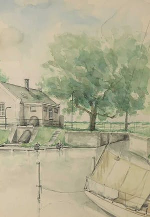 Paul Schiffers - Aquarel, Boten voor de sluis Eemnes - Ingelijst kopen? Bied vanaf 1!
