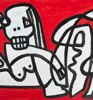 Gundi Falk - Kubistische Umarmung auf rotem Hintergrund kopen? Bied vanaf 280!