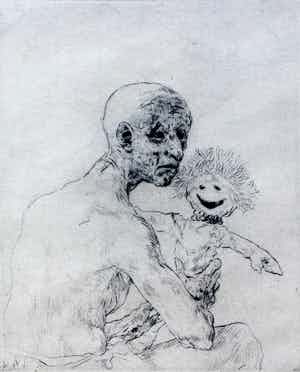 Peter Vos - Ets: "Oude baby" met pop - 1969 verkocht voor € 250!