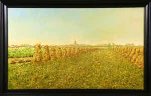 Niet of onleesbaar gesigneerd - Oogsttijd - Korenschoven op akker - olieverf op doek - Signatuur J.W. Arts verkocht voor € 1!