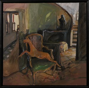 Maugosia Sycz - Acryl en collage op doek, Interieur met hond - Ingelijst kopen? Bied vanaf 60!