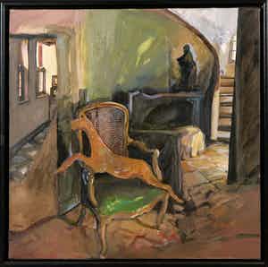 Maugosia Sycz - Acryl en collage op doek, Interieur met hond - Ingelijst verkocht voor € 60!