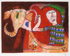 Shahid Parvez - Zeefdruk, Rode olifant - Ingelijst kopen? Bied vanaf 1!