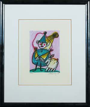 Corneille - Zeefdruk, Clown avec un chien blanc - Ingelijst verkocht voor € 1!