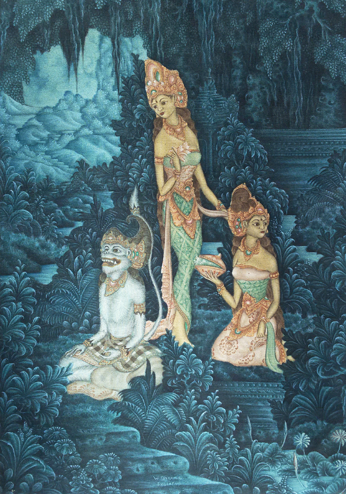 Niet of onleesbaar gesigneerd - Balinese school - Scene uit de Ramayana, verf op doek (mooi ingelijst) verkocht voor € 1!