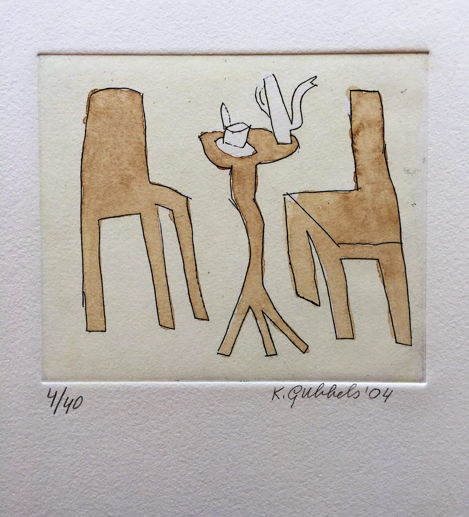 Klaas Gubbels - ets met aquarel ingekleurd - ‘Interieur met servies’ - 2004 kopen? Bied vanaf 245!