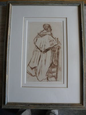 Koos Stikvoort - Krijttekening, met een biddende priester op een bidstoel. kopen? Bied vanaf 120!