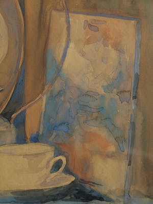 Frits Hes - Ingelijste aquarel , Stilleven met spiegel en olielamp – ca. 1950 kopen? Bied vanaf 50!