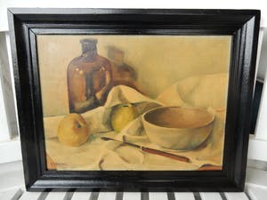 Johannes Dirk Verboom - stilleven-appels op doek met fles,schaal en mes kopen? Bied vanaf 75!