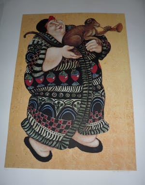 Ada Breedveld - Zeefdruk. z.t. (Dame in kimono met aap) kopen? Bied vanaf 30!