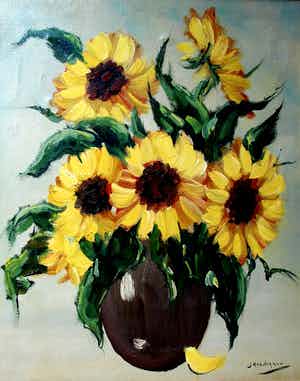 Jan Kelderman - Acryl op doek - vaas met zonnebloemen verkocht voor € 70!