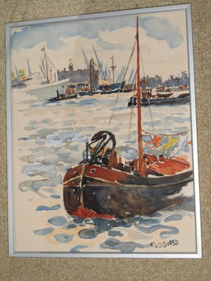 Frans Boers - Aquarel - Rotterdamse haven kopen? Bied vanaf 65!