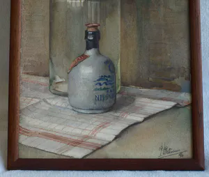 Niet of onleesbaar gesigneerd - Ingelijste aquarel , Stilleven met fles, pot, theedoek en zeepaardje - 1940 kopen? Bied vanaf 1!