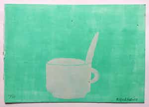 Klaas Gubbels - houtdruk met acryl ondergrond ‘ wit kopje’. verkocht voor € 250!